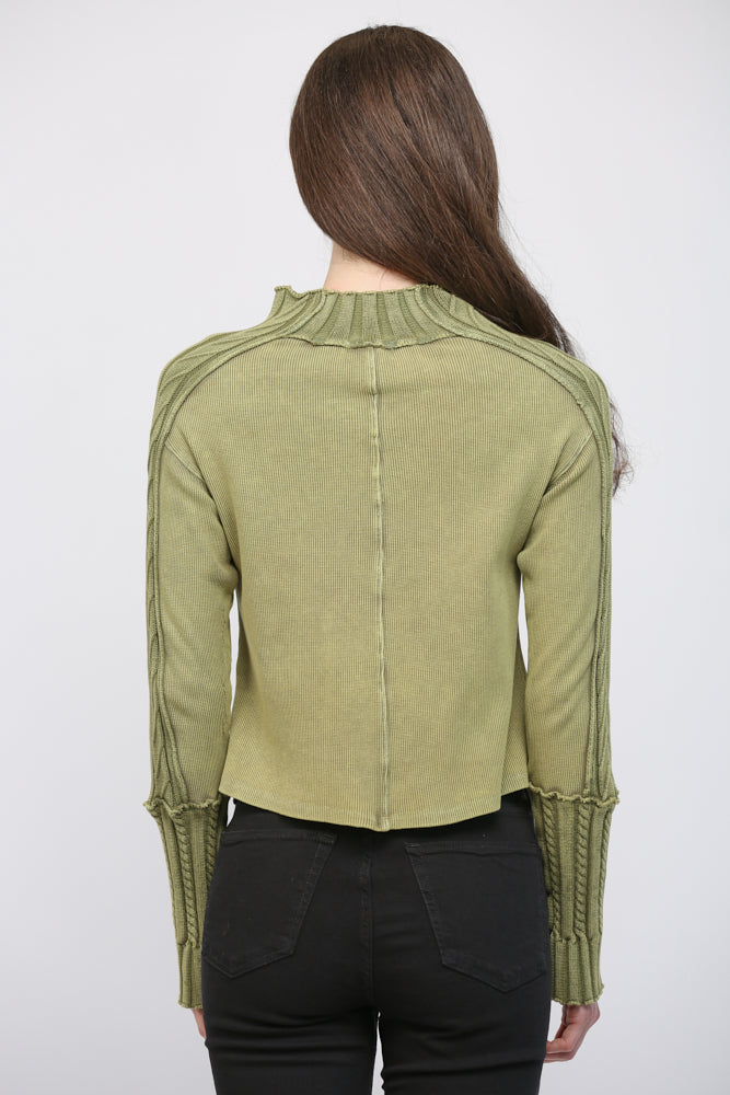 Mock Neck Cable Knit Sleeve Sweater Moss Green