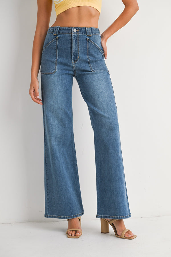 Patch Pocket Wide Leg Flare Jeans Medium Denim
