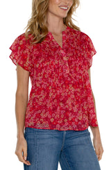 Double Layer Flutter Sleeve Pintuck Blouse Berry Blossom Floral