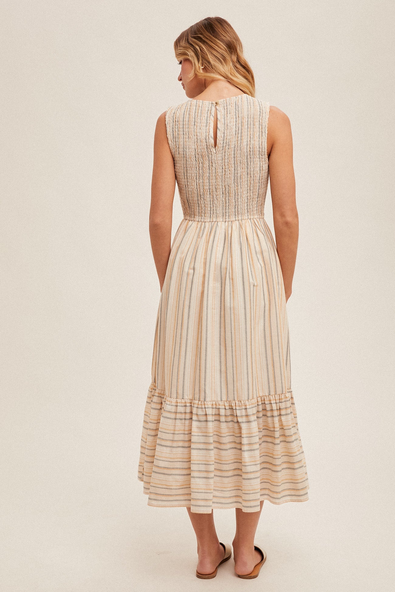 Sleeveless Smocked Stripe Midi Dress Taupe