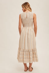 Sleeveless Smocked Stripe Midi Dress Taupe