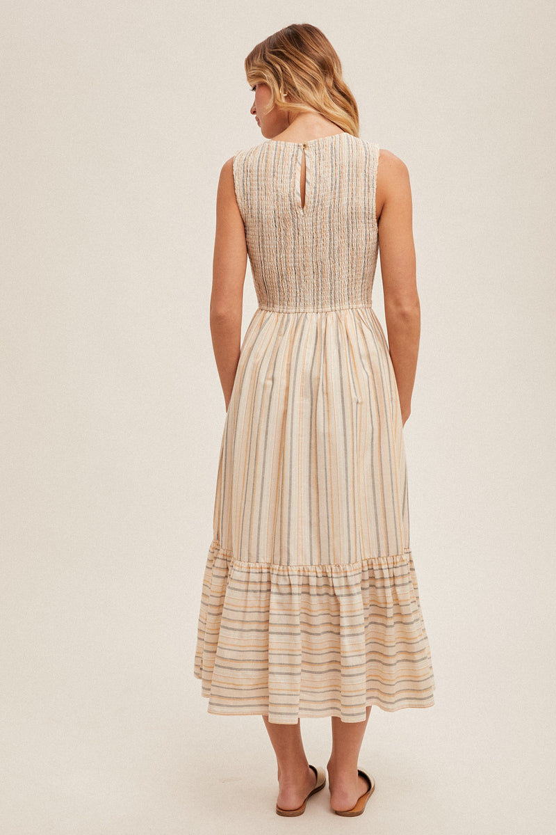 Sleeveless Smocked Stripe Midi Dress Taupe
