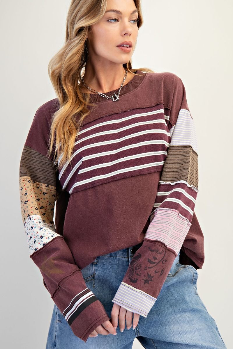 Stripe Mix Terry Soft Washed Pullover Grape
