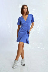Wrapped Side Ruched Tie Dress Blue
