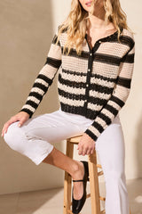 Button Down Crochet Stripe Sweater Black