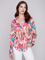 Printed Satin Button Down Shirt Flora