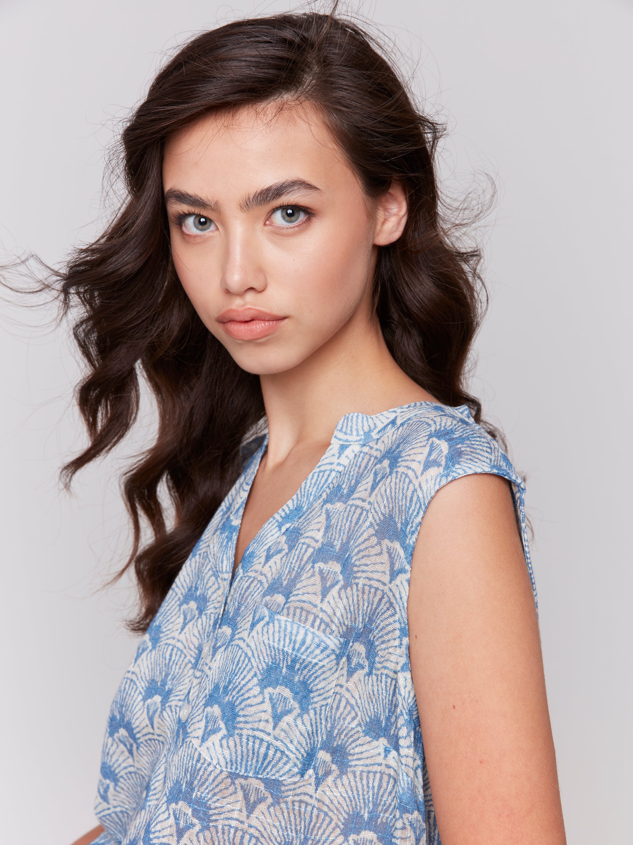 Printed Chest Pocket Sleeveless Top Tapestry