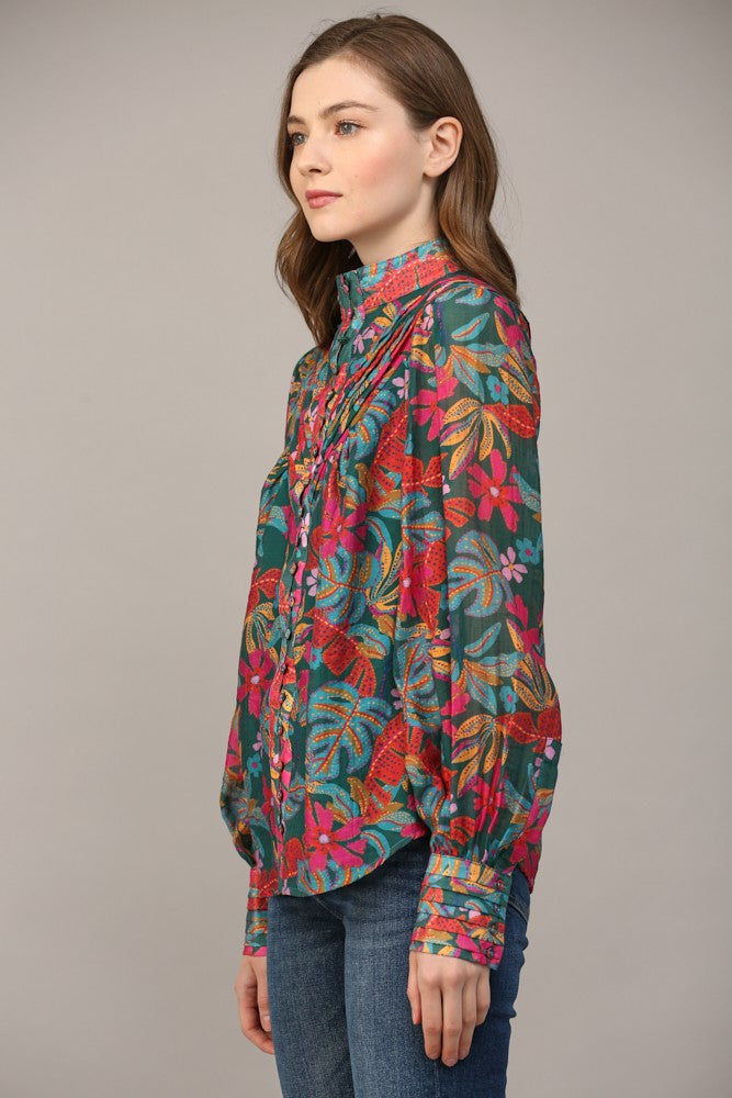 Tucked Yoke Standing Collar Printed Blouse Teal Green Multi