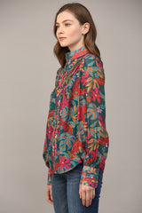 Tucked Yoke Standing Collar Printed Blouse Teal Green Multi