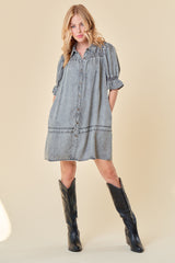 Smocked Yoke Puff Sleeve Tencel Button Down Dress Black Denim