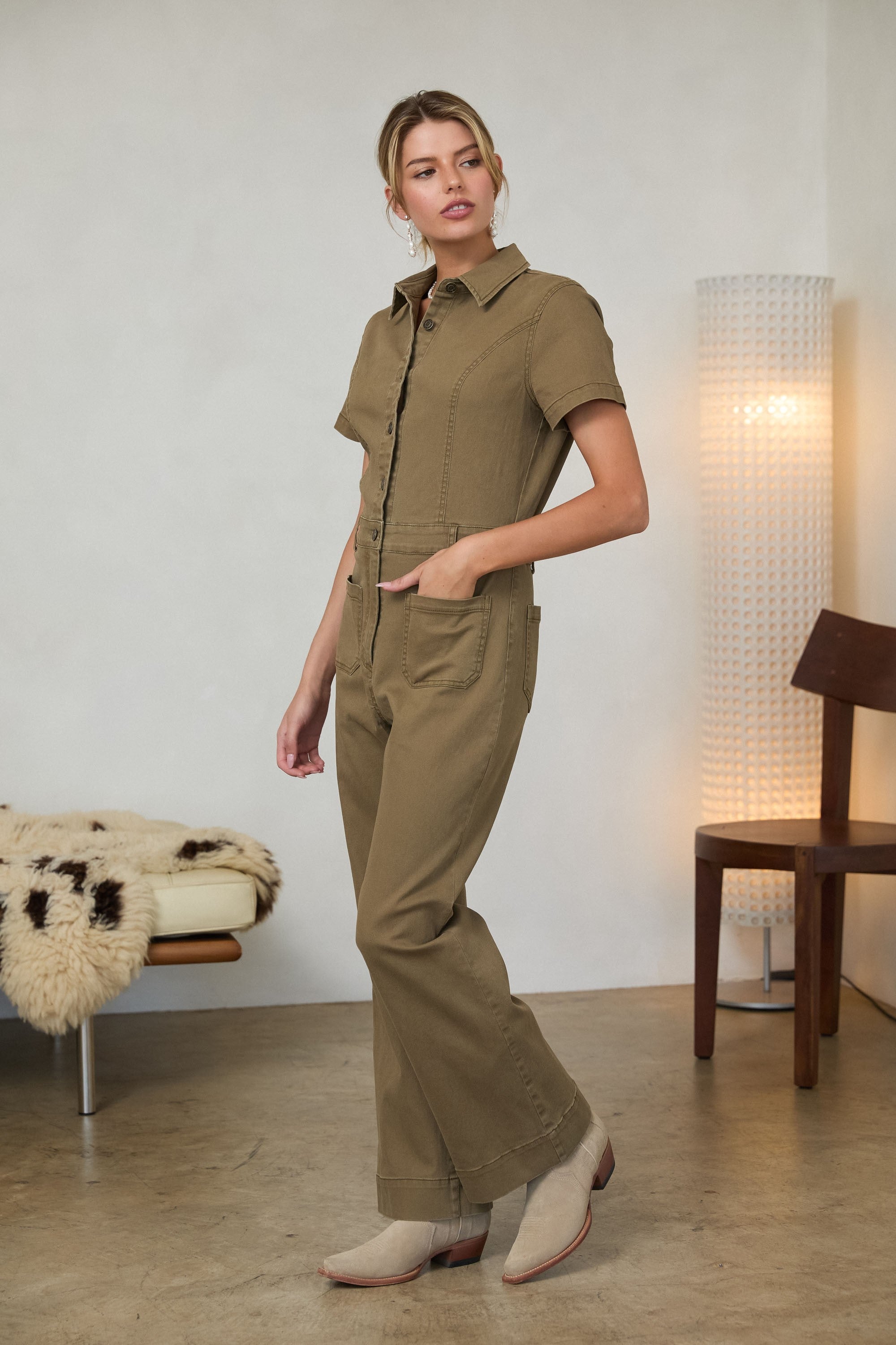 Cotton Twill Short Sleeve Jumpsuit Olive