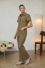 Cotton Twill Short Sleeve Jumpsuit Olive