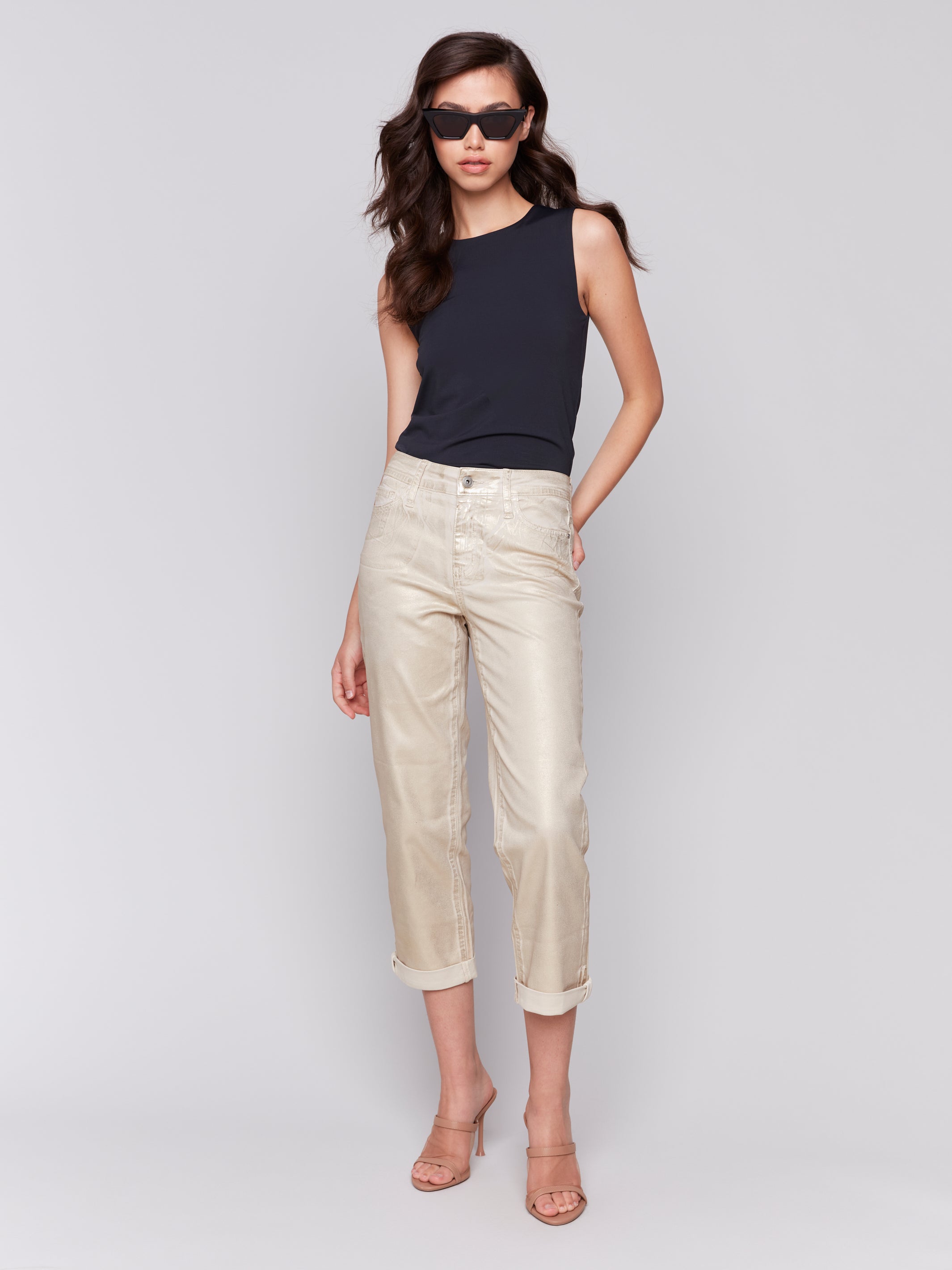 Rolled Cuff Straight Leg Foil Brushed Pants Natural