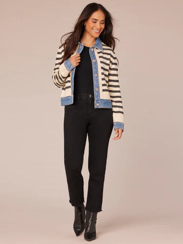Long Sleeve Mix Media Jacket Off White + Navy