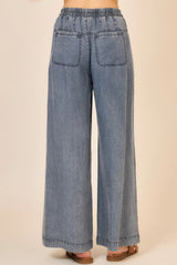 Corset Detail Waist Washed Denim Wide Leg Pants Dark Denim