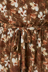 Floral Waist Tie Vneck Mini Dress Brown + Ivory