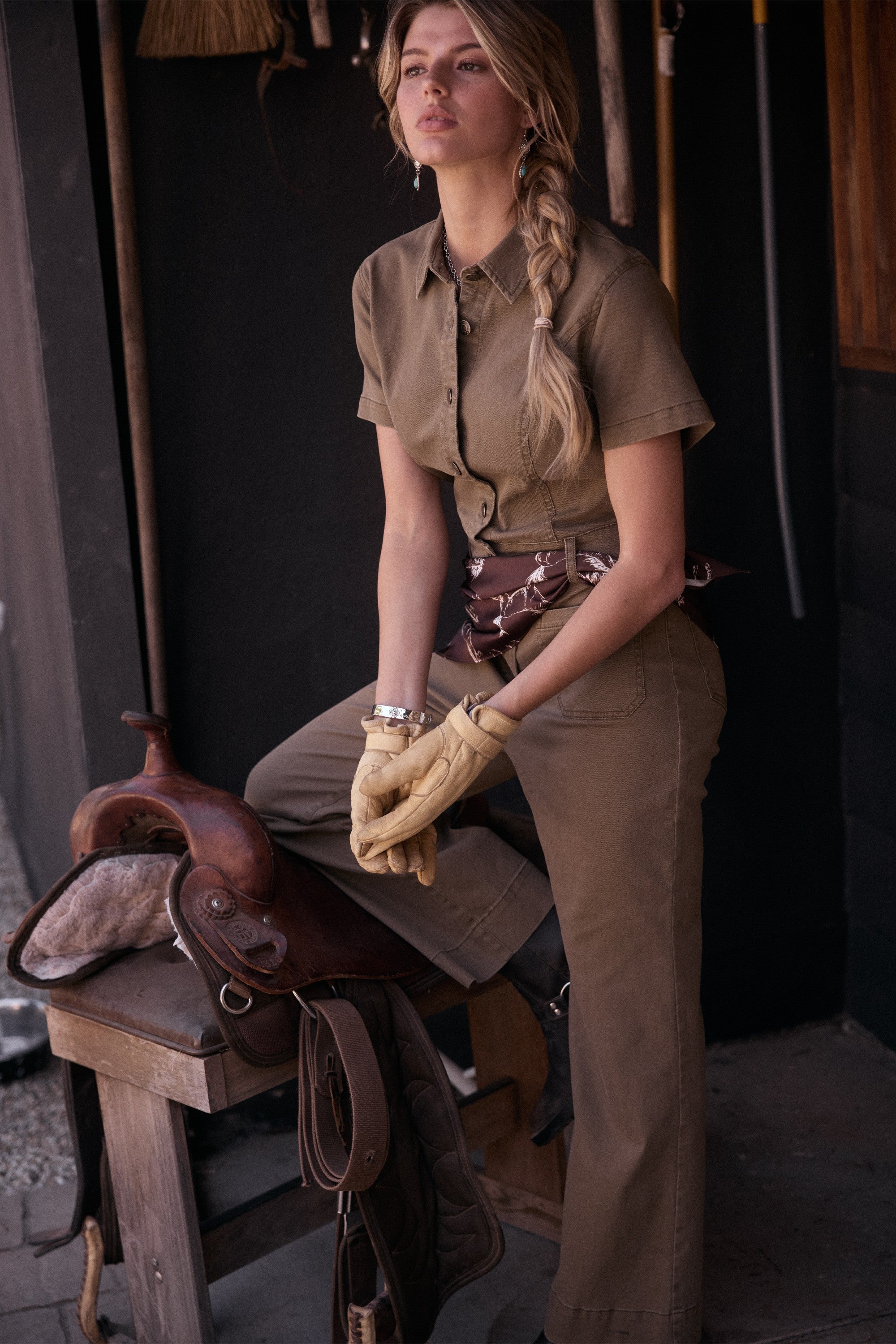 Cotton Twill Short Sleeve Jumpsuit Olive