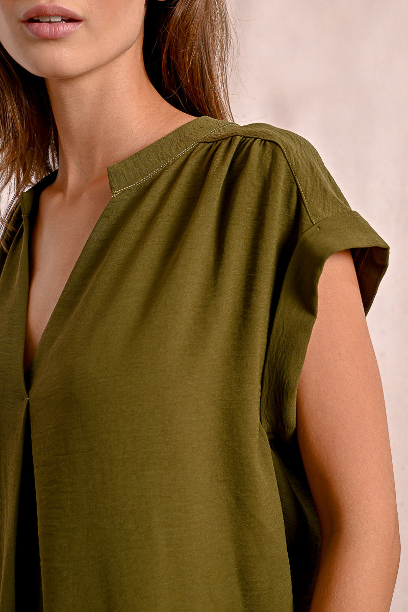 Crepe Vneck Shoulder Detail Short Sleeve Shirt Khaki