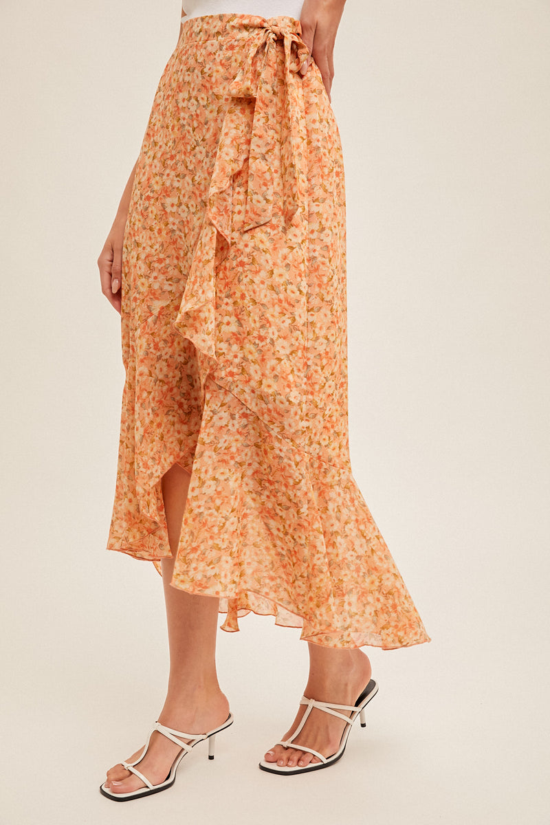 Floral Asymmetric Ruffle Belted Midi Skirt