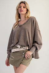 DEEP V NECK WASHED TERRY PULLOVER Mocha