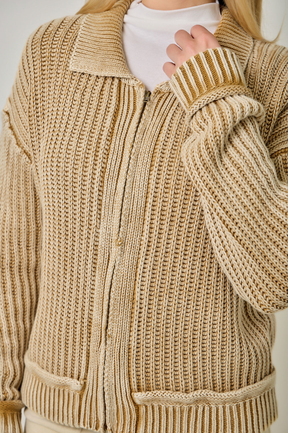 Washed Ribbed Zip Up Sweater Washed Latte