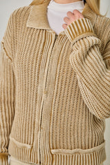 Washed Ribbed Zip Up Sweater Washed Latte