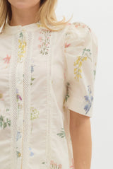 Floral Print Elbow Length Puff Sleeve Lace Trim Top Cream