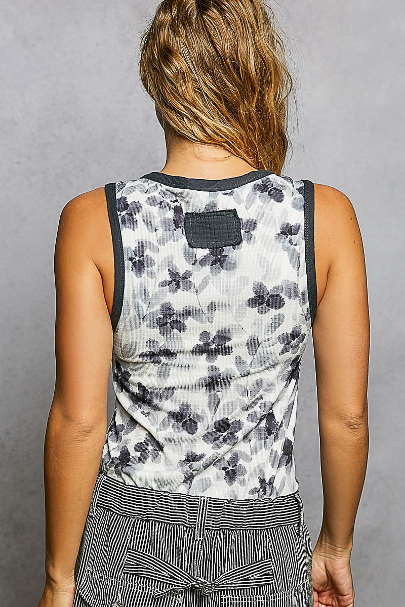 Vintage Mini Floral Henley Tank Charcoal