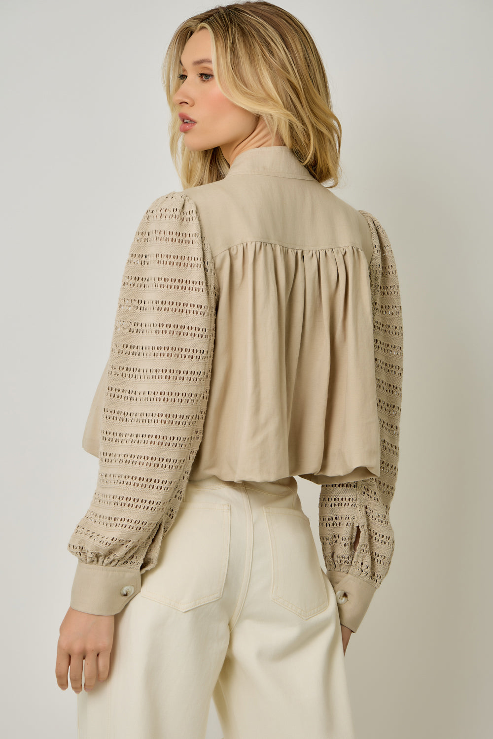 Lace Sleeve Bubble Hem Jacket Almond