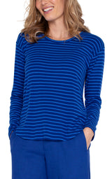 Long Sleeve Drop Shoulder Stripe Knit Top Blue Topaz Stripe