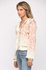 Ruffle Trimmed Front Closure Cardigan Ivory + Coral