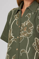 Short Sleeve Embroidered Floral Collared Button Dress Olive