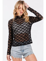 Floral Lace Sheer Mock Neck Long Sleeve Top Black