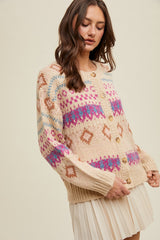 Mixed Diamonds Print Buttoned Cardi Natural + Magenta