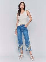 Open Lace Hem Detail Flare Leg Jeans Medium Blue