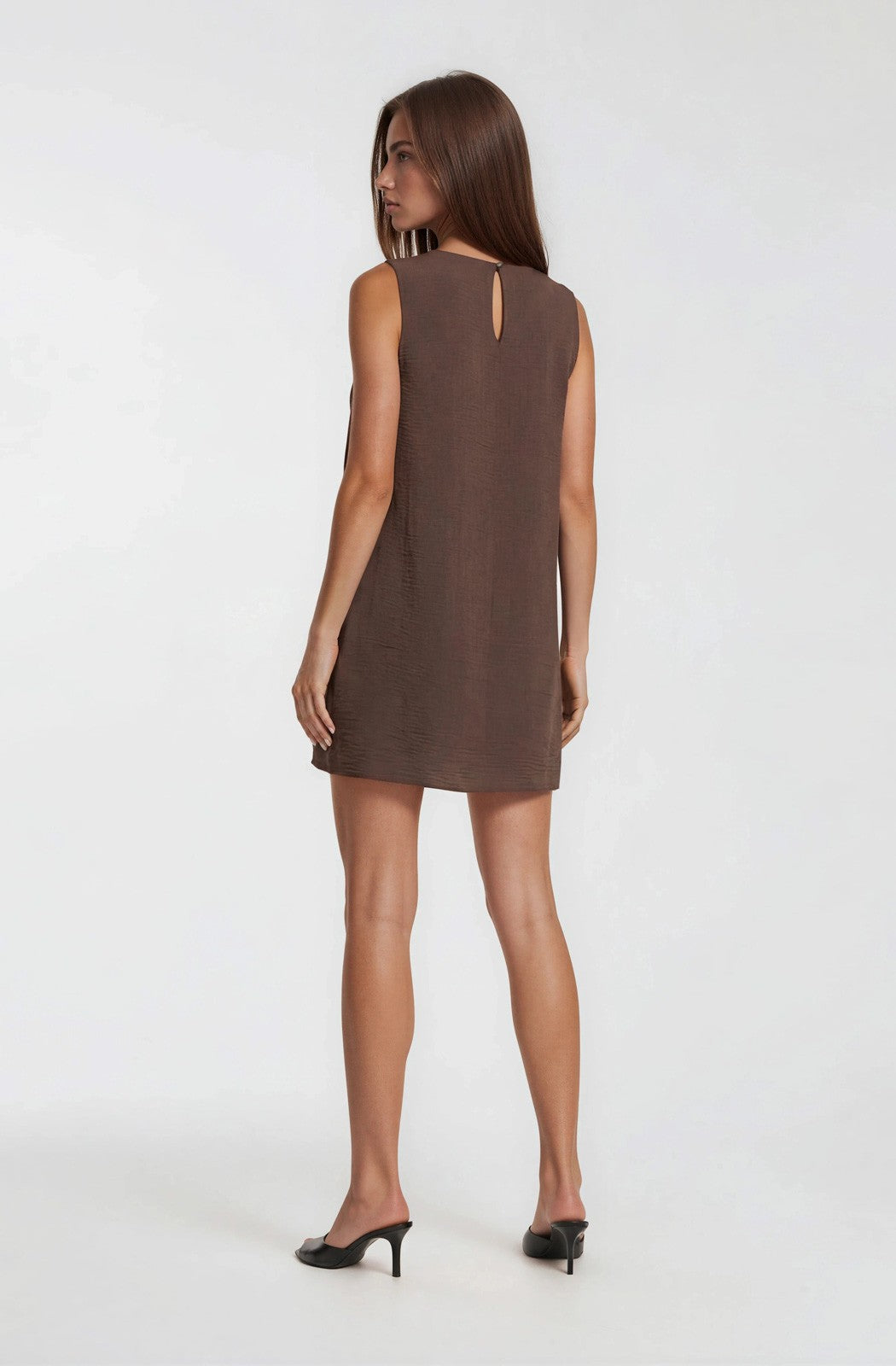 Round Neck Pleat Detail Shift Mini Dress Chocolate