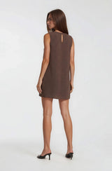 Round Neck Pleat Detail Shift Mini Dress Chocolate