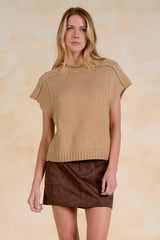 Exposed Seam Mock Neck Cap Sleeve Sweater Tan
