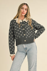Contrast Doll Collar Buttoned Cardi Charcoal