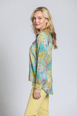 Collared Vneck Printed Blouse Turquoise Yellow Multi