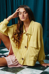Soft Stripe Textured Cropped Shacket  Mustard