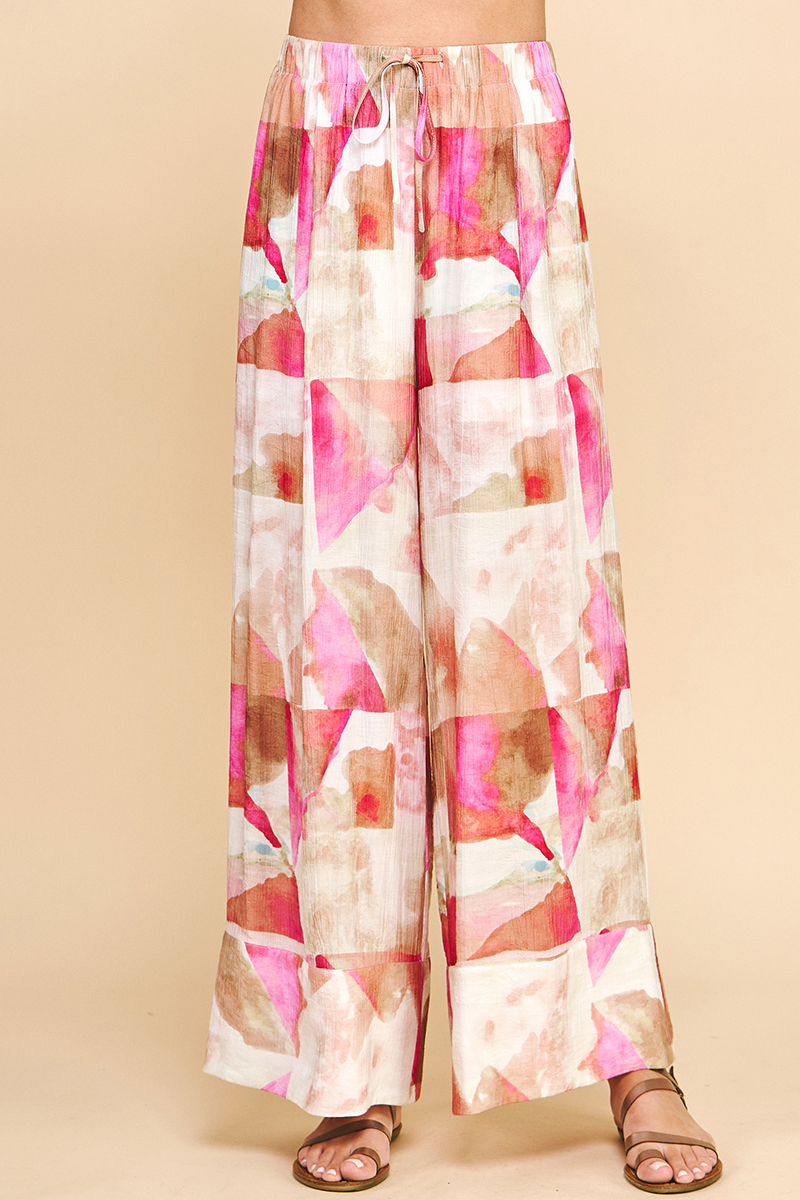 Abstract Print Wide Leg Pants Pink Multi
