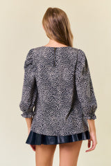 Leopard Printed Puff Sleeve Top Black