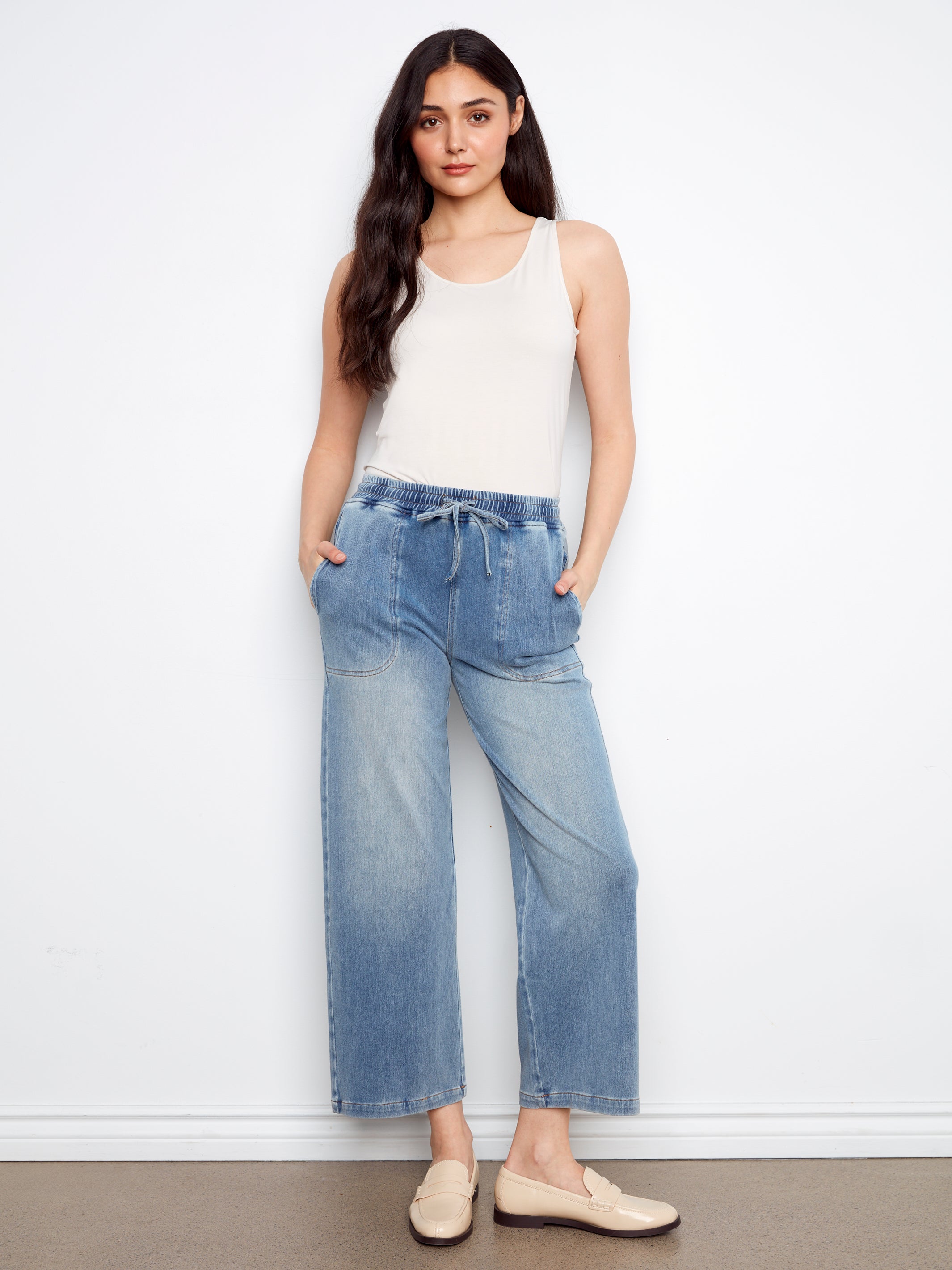 Knit Denim Wide Leg Jogger Pants Medium Blue