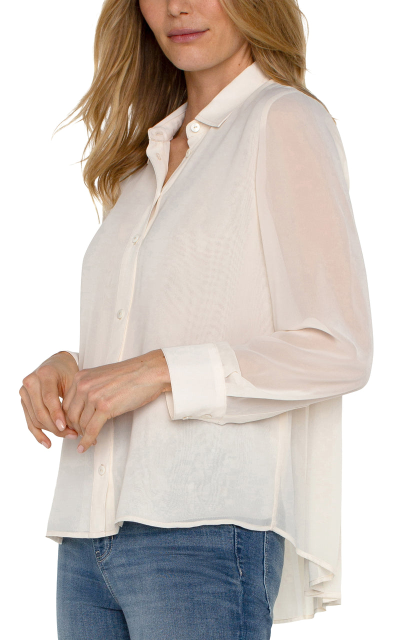 Pleat Back Button Up Long Sleeve Shirt Cream