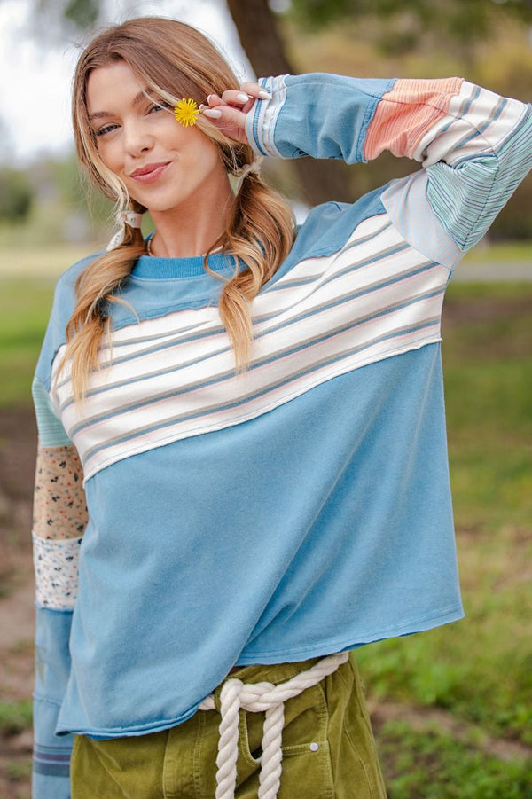 Stripe Mix Terry Soft Washed Pullover Faded Teal