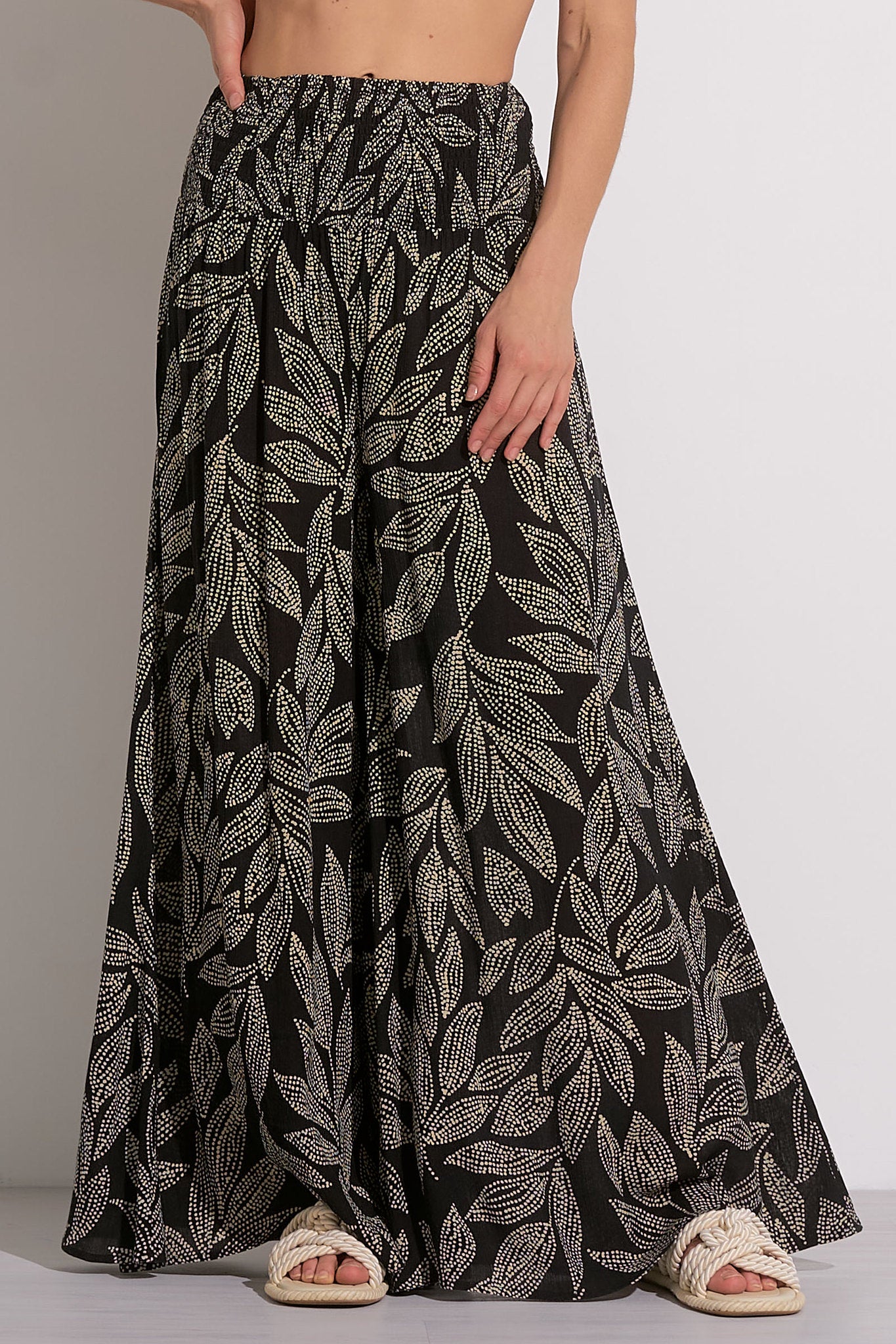 Smock Waist Printed Palazzo Pants Black Cartagen