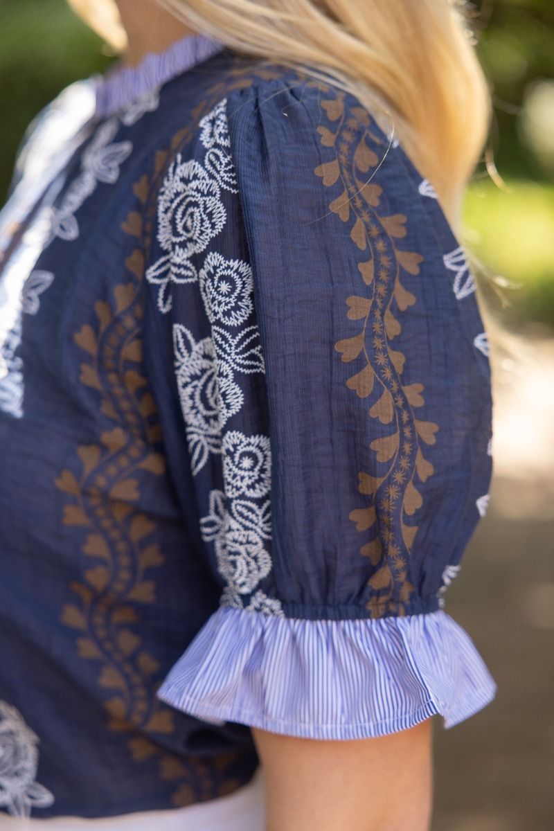 Stripe Ruffle Detail Floral Puff Sleeve Top Navy