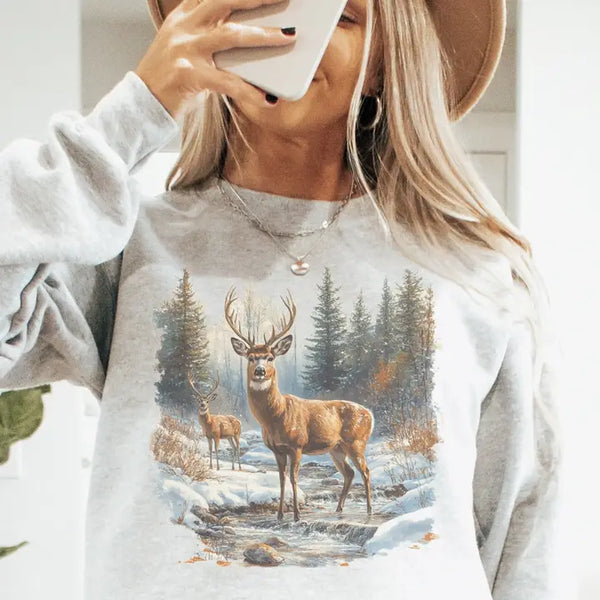 Vintage Deer Wilderness Crew Neck Sweatshirt Ash