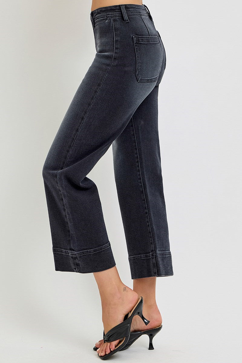 High Rise Crop Wide Jeans Washed Black